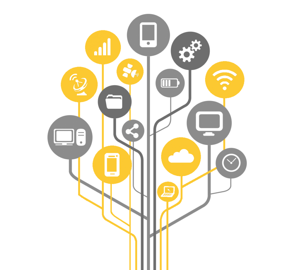 Illustration of a tree whose branches end in technology icons